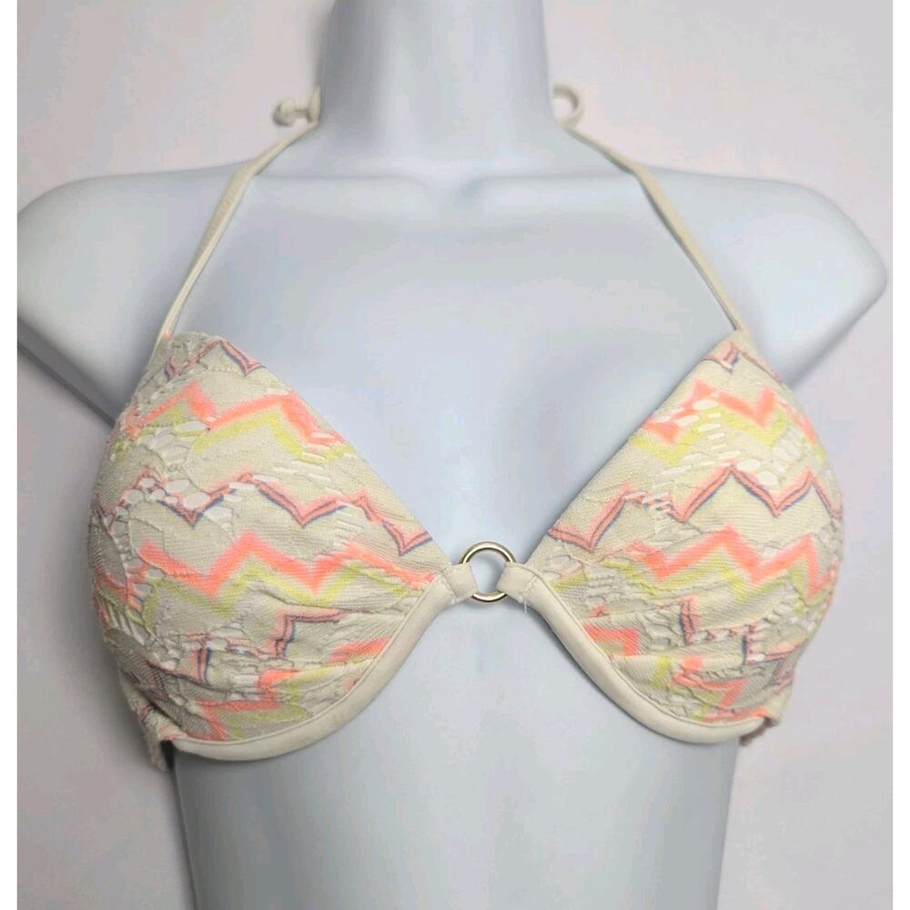 Victoria's Secret VS Bikini Top Neon Pink Yellow Chevron White Metal Push Up 34C